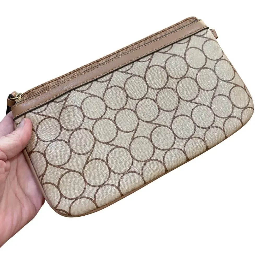 Nine West patchwork stripes wristlet pouch mini clutch purse bag tan zip top